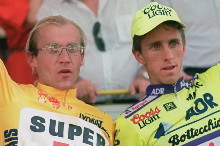Laurent Fignon and Greg LeMond racing head to head during the 1989 Tour de France